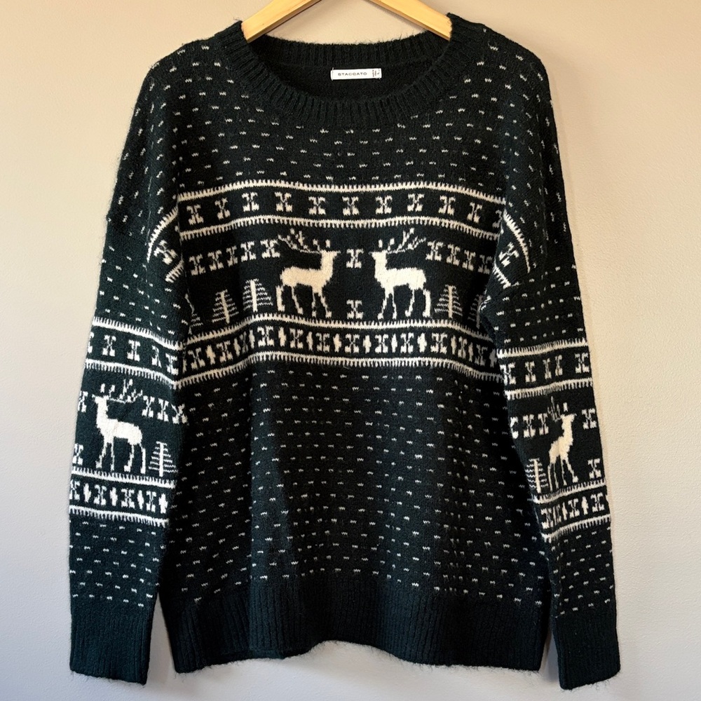 Staccato Reindeer Fair Isle Winter Sweater Size Large Hunter Green Cream